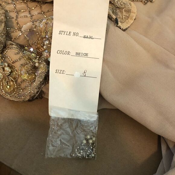 Jovani Evening Long Sleeve Beaded Illusion Beige Gatsby Deco Formal Keyhole Gown - Picture 8 of 15